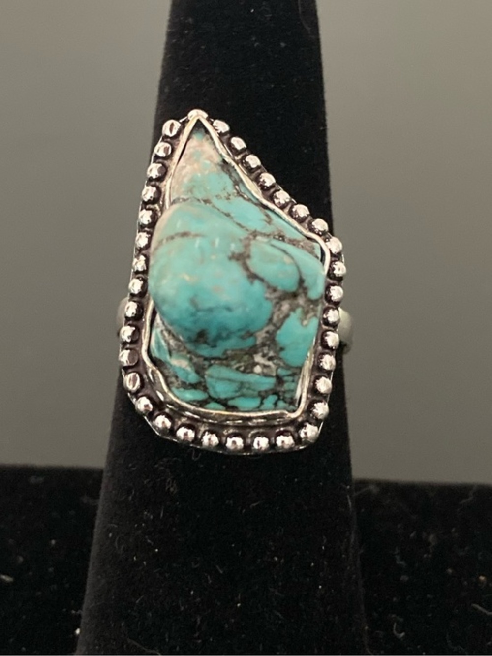Turquoise Stone Teardrop Silver Ring - Size 7